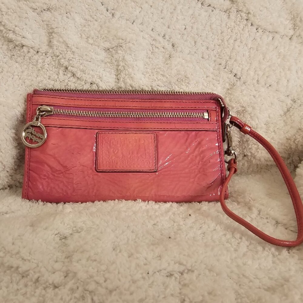 Coach Poppy patent leather dark pink wallet